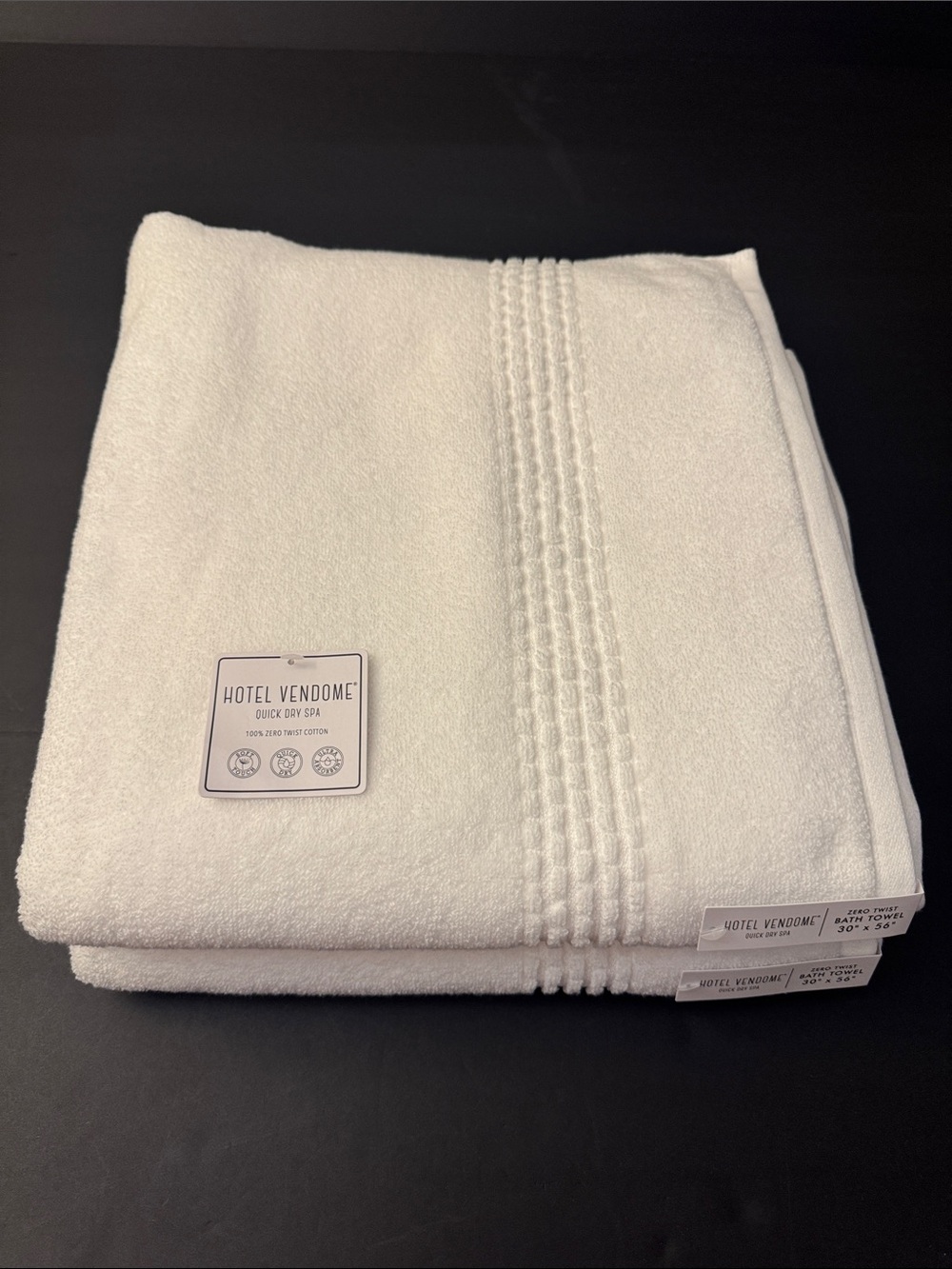 2pc HOTEL VENDOME Quick Dry Spa 100% Zero Twist Cotton Bath Towel Set -White/Wht